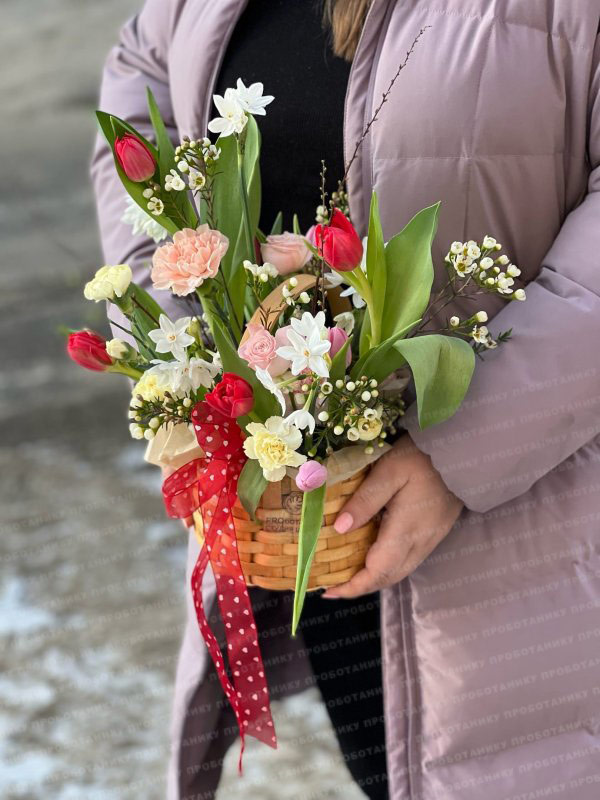 Композиция с тюльпанами и кустовыми нарциссами